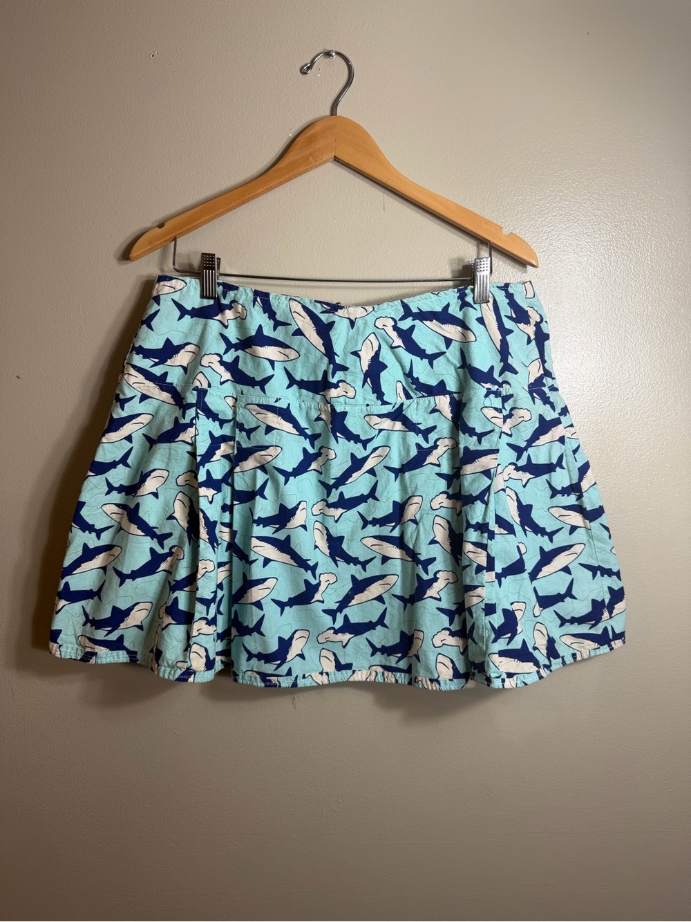 Handmade Shark Print Mini Skirt Blue Pleated Elastic Waist S/M